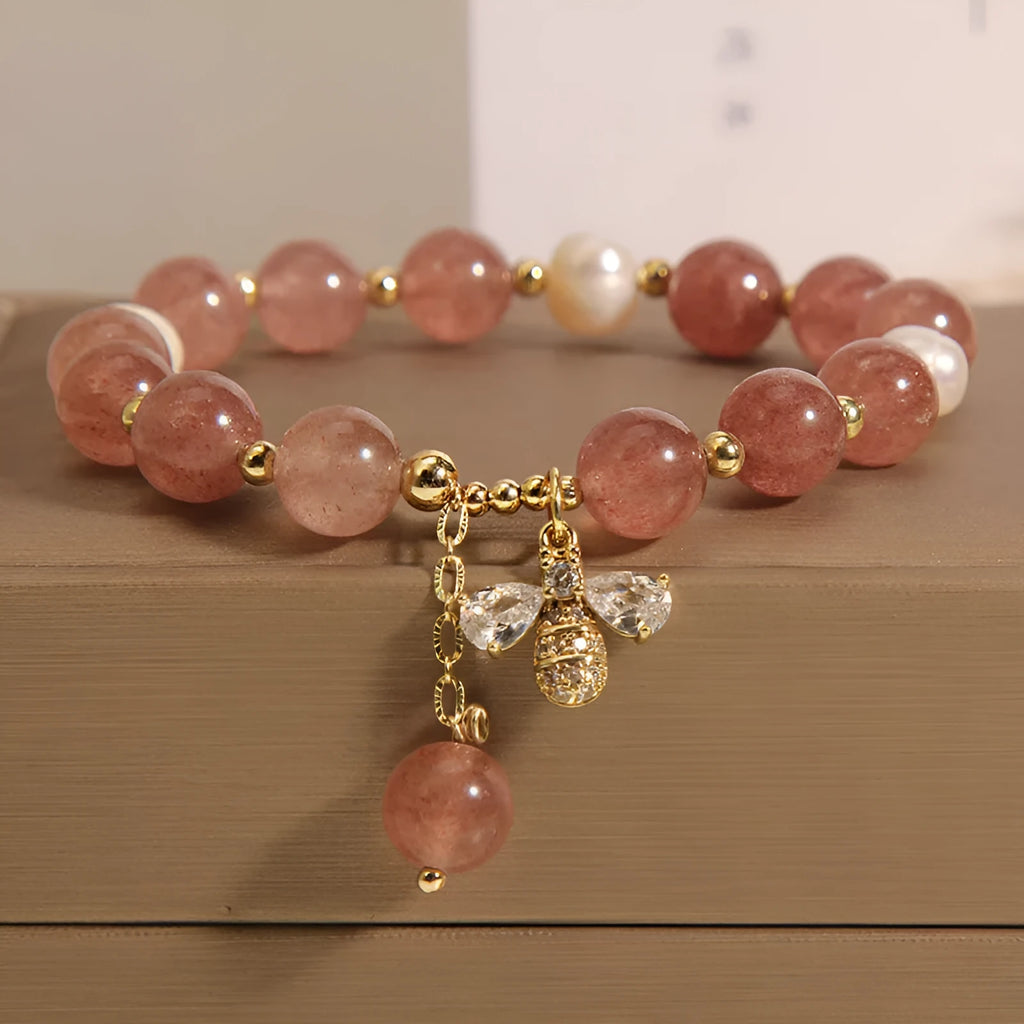 Freshwater pearl and strawberry quartz bracelet for women with zircon accents on alloy links