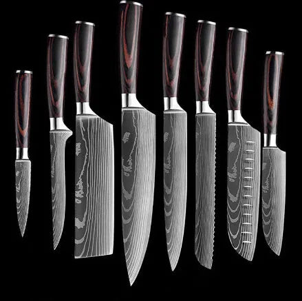Kitchen chef knife with laser Damascus pattern on 7CR17 stainless steel blade and colour steel handle
