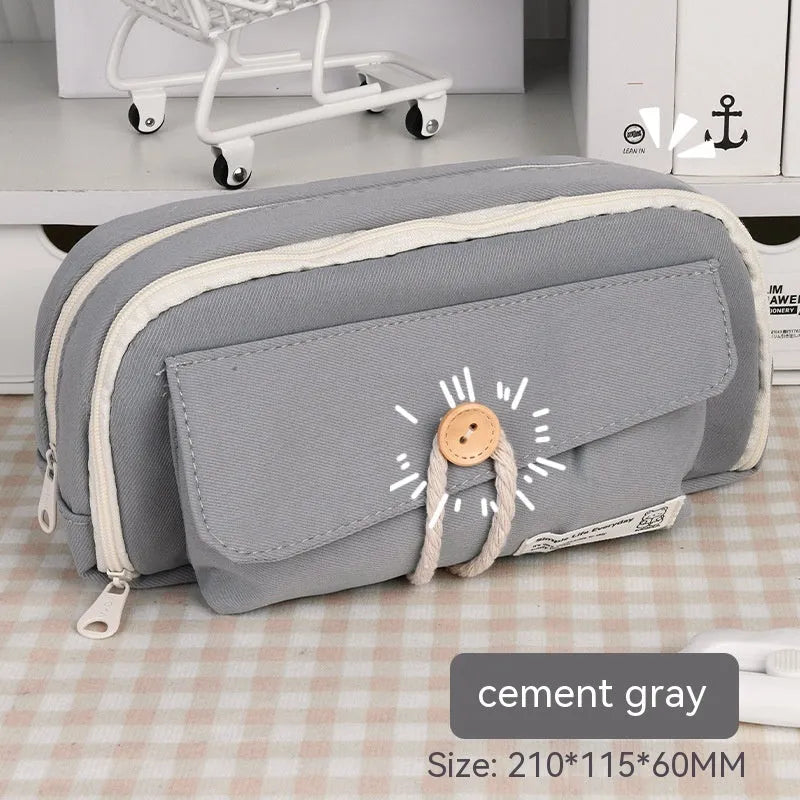 Korean style canvas pencil case in green colour showing large capacity for multiple pens