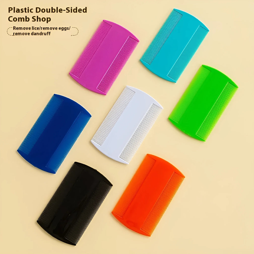 Double-edged fine-toothed plastic flea and lice comb measuring 8cm by 7.5cm