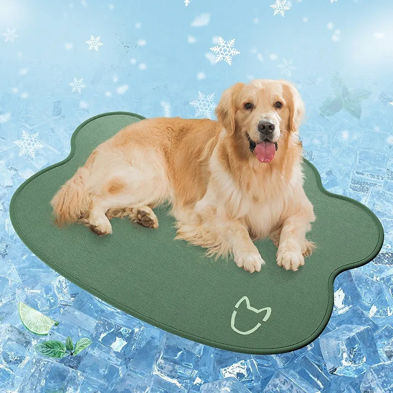 Ice Silk cooling mat for dogs in light grey with a dog head pattern, showing non-slip base.