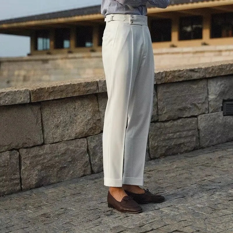 Men's slim fit straight leg suit trousers in black, white, or apricot colour.