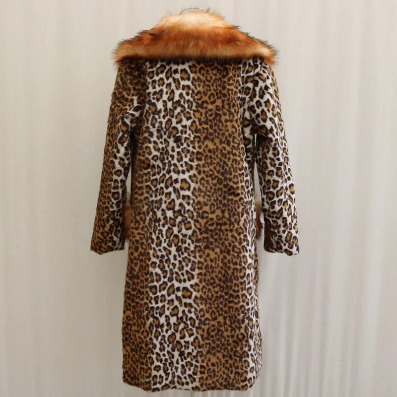 Women's long leopard print artificial fur jacket with regular sleeves on mannequin
