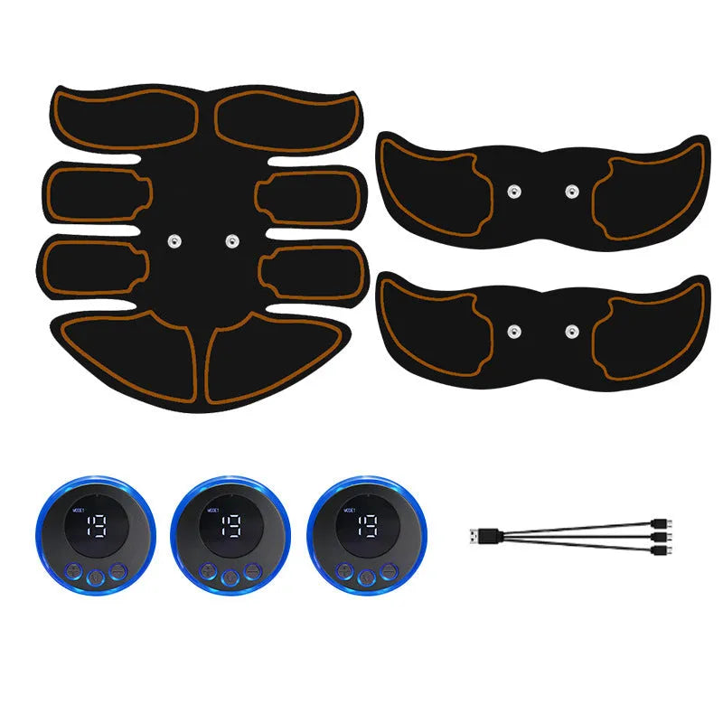 Digital EMS abdominal muscle trainer patch set with three pieces and a charging unit in red, blue, or yellow.