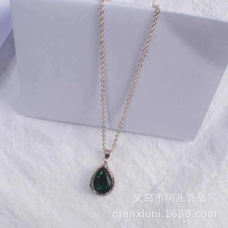 Drop shape geometric pendant necklace with rhinestone inlay in pink rose gold electroplated finish