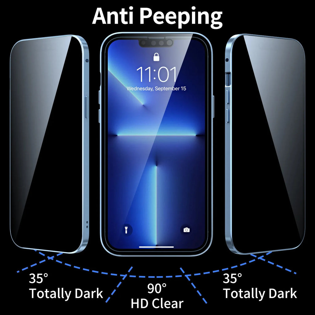 Magneto privacy-proof phone case with a double-sided metal frame, shown in a choice of colours for iPhone models.
