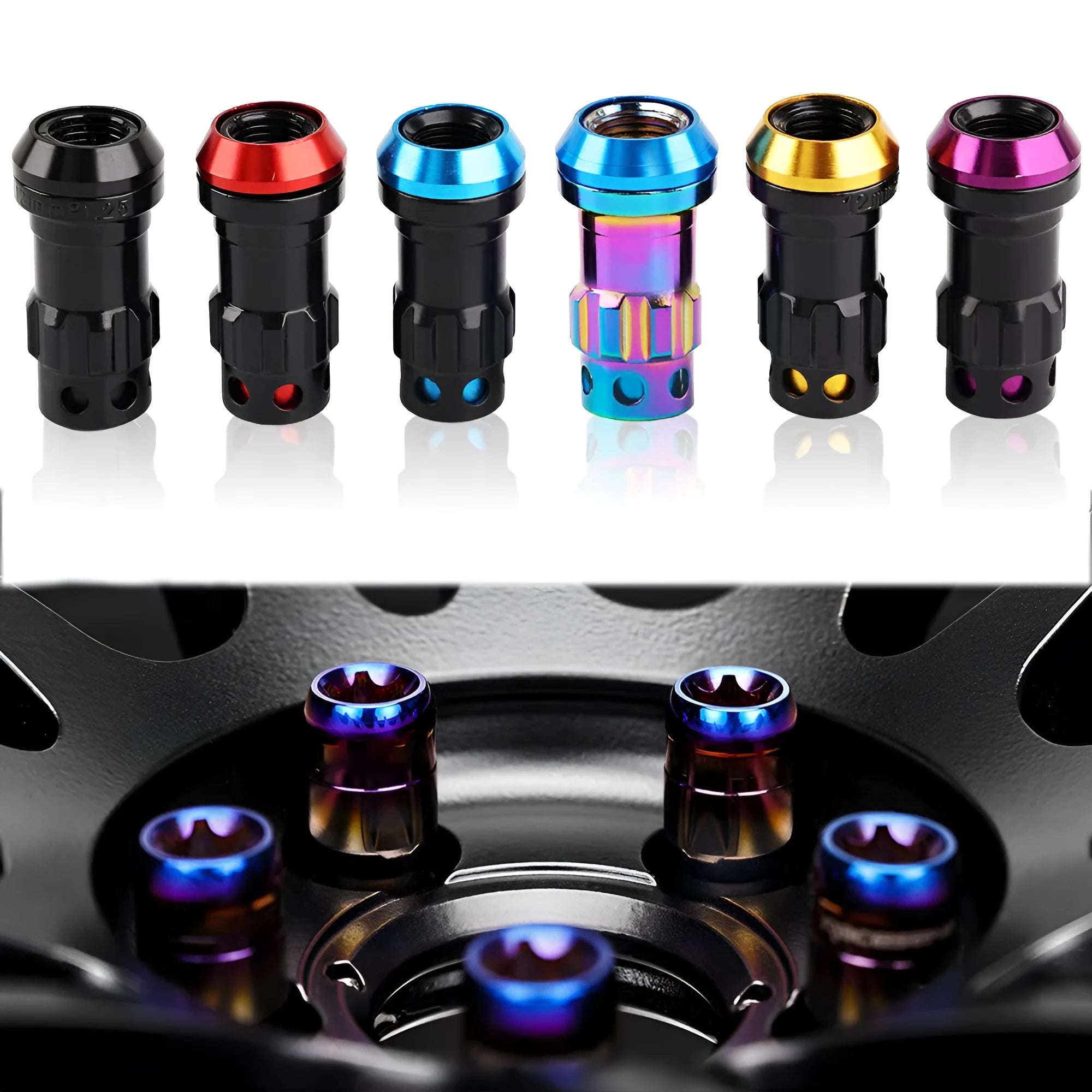 Set of forged aluminium alloy wheel hub nuts in various colours showing M12 thread.