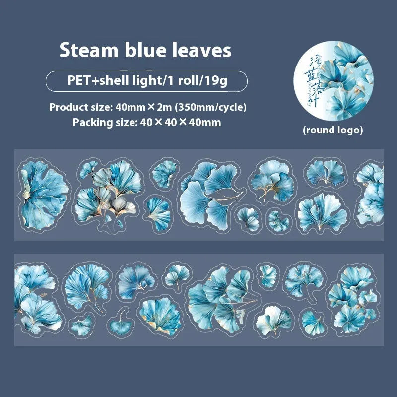 Six rolls of nature-themed decorative stickers showing gentle ginkgo, maple leaf, and blue fallen leaves designs.