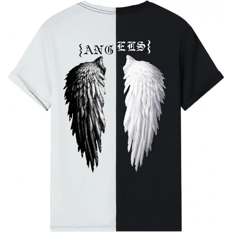 Men's grey printed short-sleeved casual t-shirt on a hanger