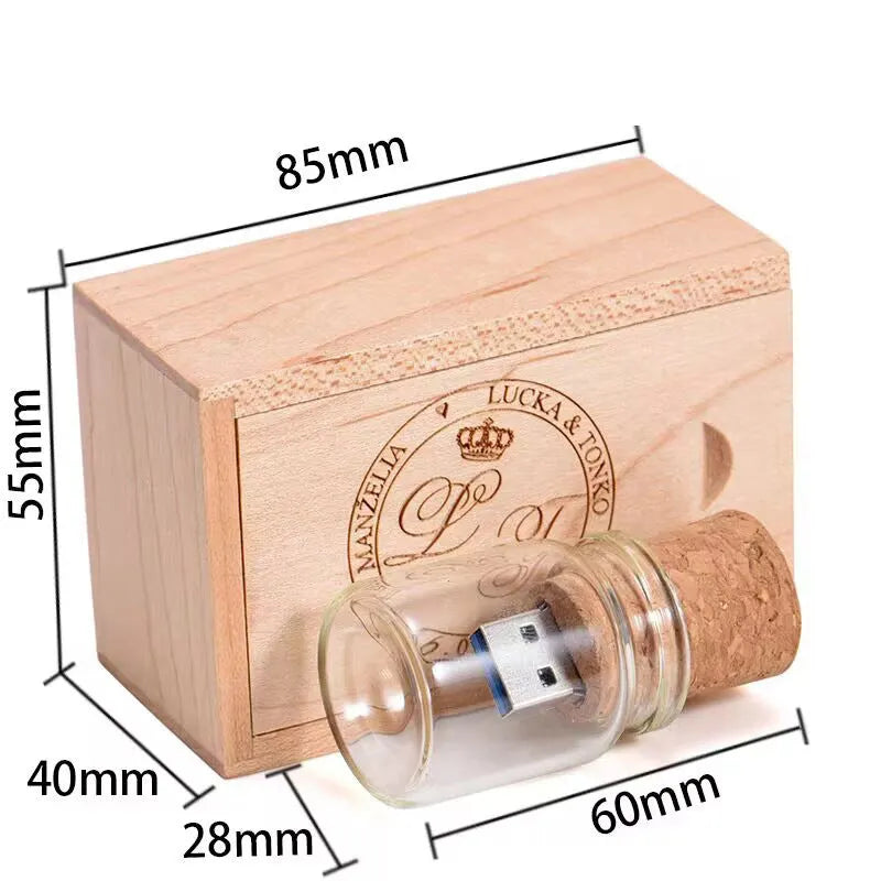 Transparent drift bottle USB flash drive with wooden ship inside, 60mm size