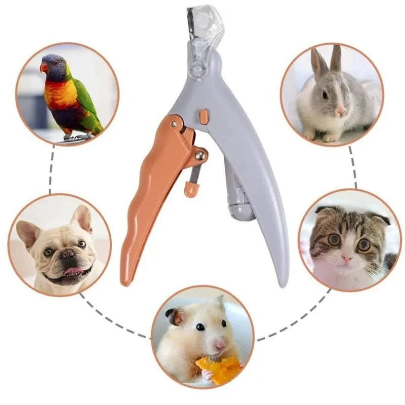 Yellow pet nail clipper with LED light and magnifiable cutting head for dog and cat grooming