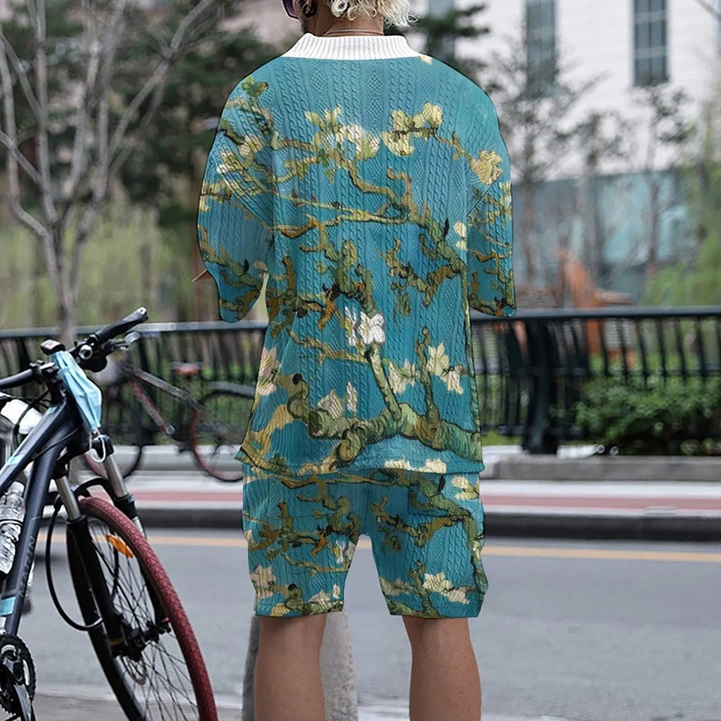 Men's peacock blue knitted shorts suit with 3D printed pattern and matching T-shirt
