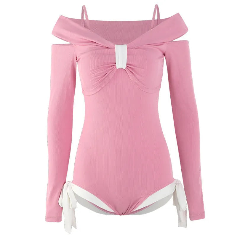 Women's long-sleeved one-piece swimsuit in polyester fabric available in pink and black colours