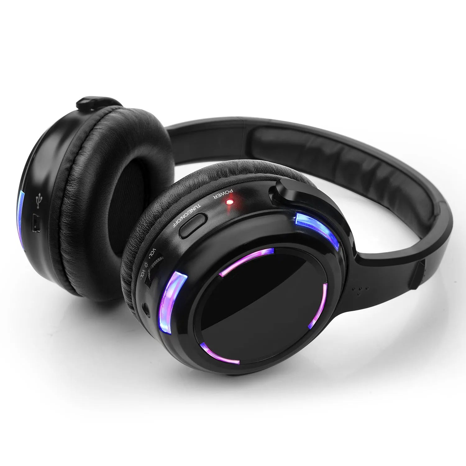 Black silent disco wireless headphones with 40mm speakers and 3.5mm connection cable