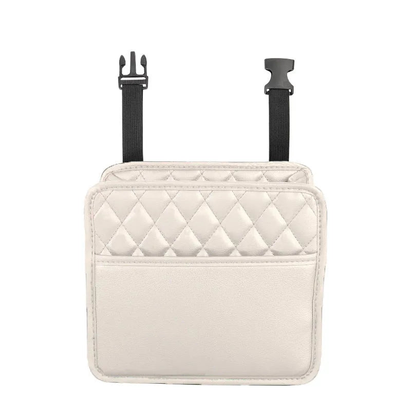 Leather car interior hanging storage bag and trash can in black, pink, green, or white colour