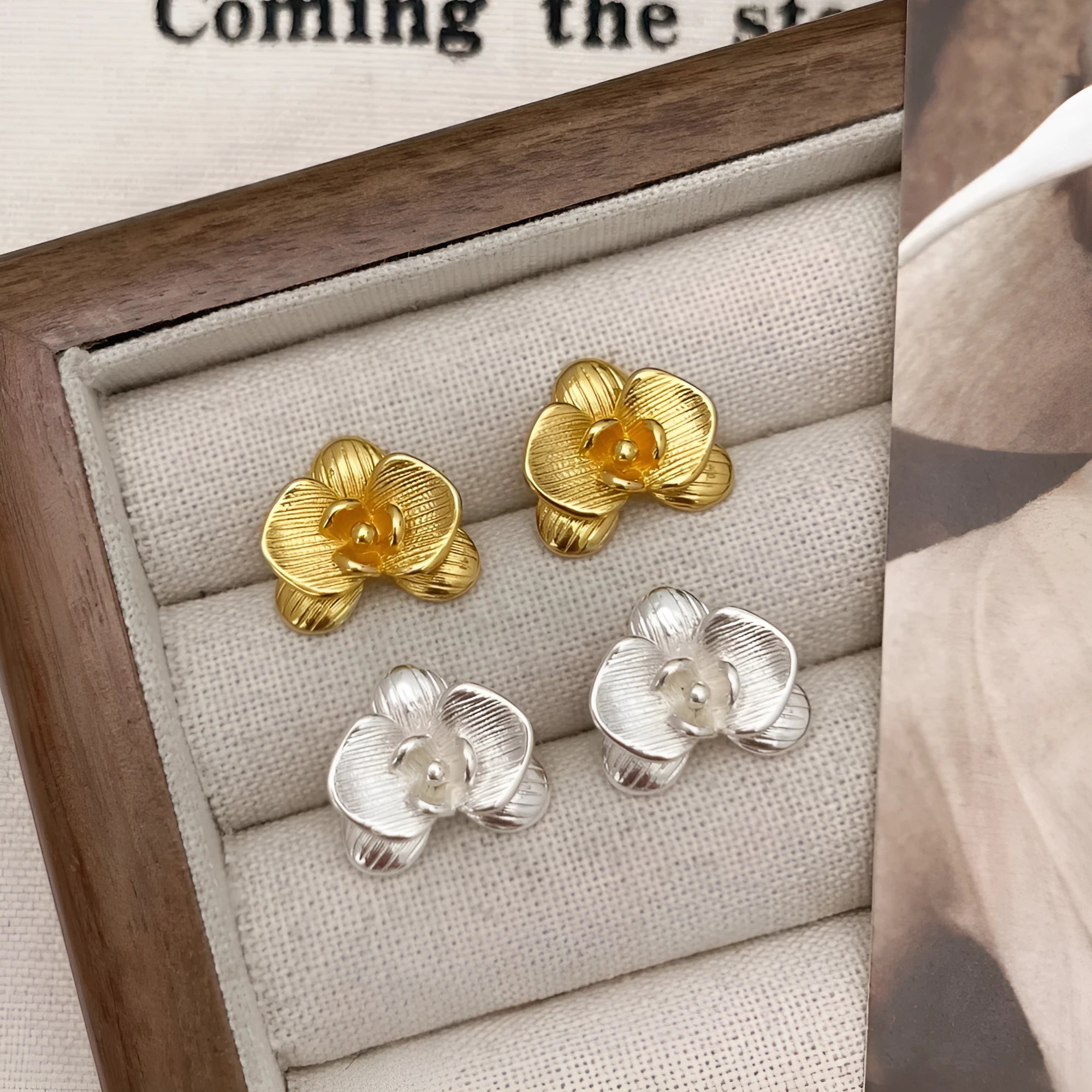 Retro floral copper earrings for women in gold and silver tone options