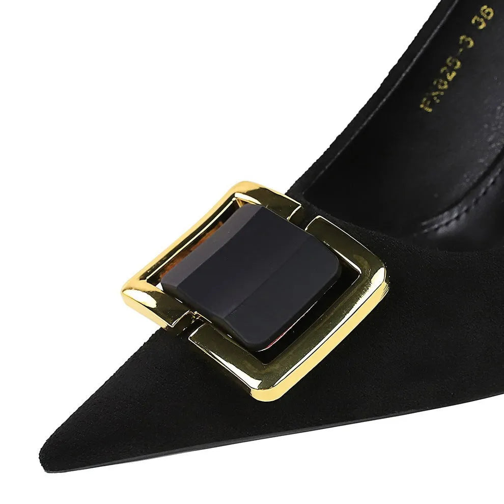 Black suede women's stiletto heels with 9cm heel and pointed toe