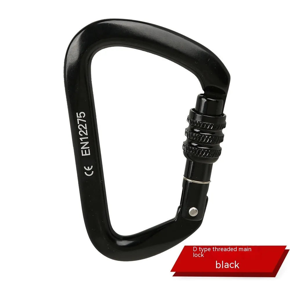 D-shaped climbing carabiner main lock in colours: black, blue, orange, red, silver red with automatic or threaded gate.