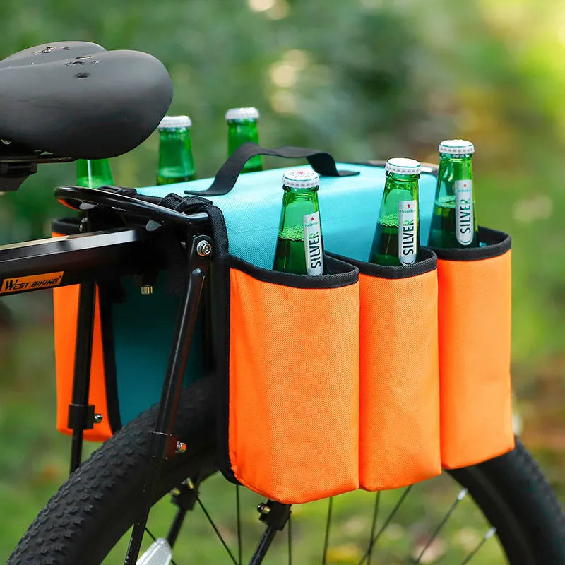 Black and blue orange double-sided bicycle drink bag with 2 litre capacity mounted on a bike frame