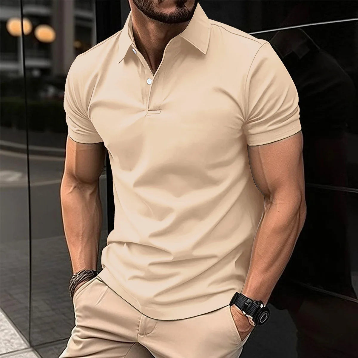 Men's solid colour polo shirt with short sleeves and button lapel in cotton blend fabric
