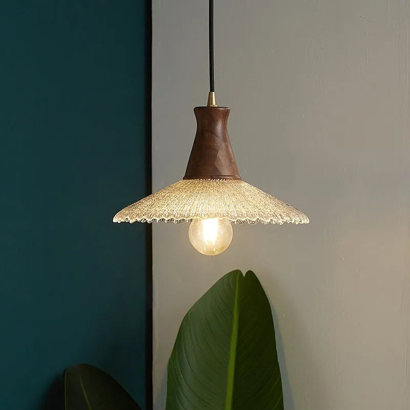 Retro brass and wood ceiling chandelier with a glass lampshade, shown in small, medium, and large sizes.