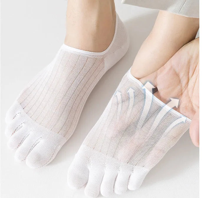 Pair of solid colour modal five-finger boat socks laid flat.