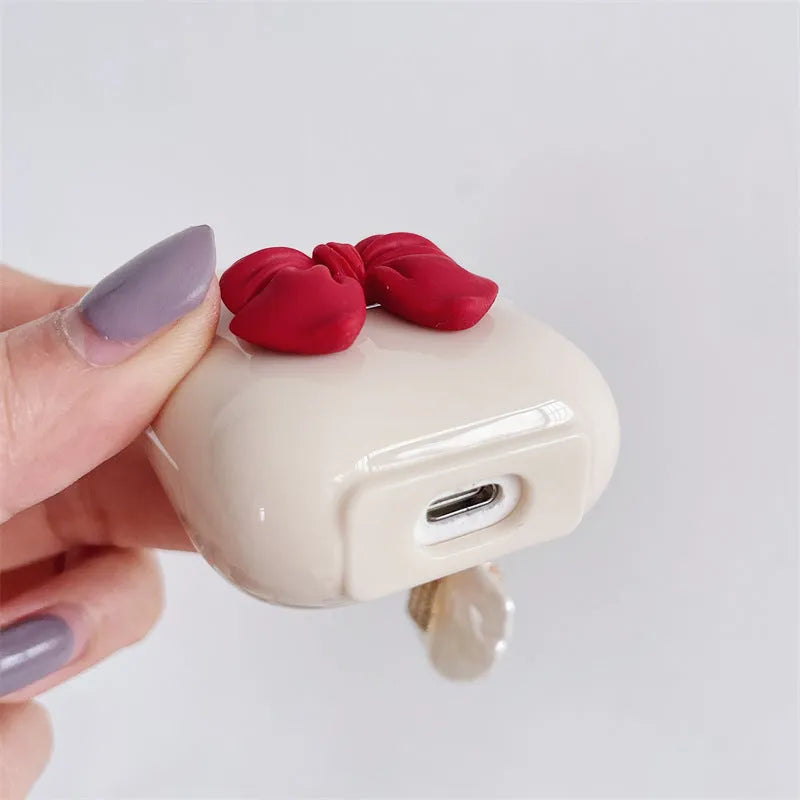 Beige red bow shell pendant wireless earphone case for AirPods Pro in TPU clamshell design