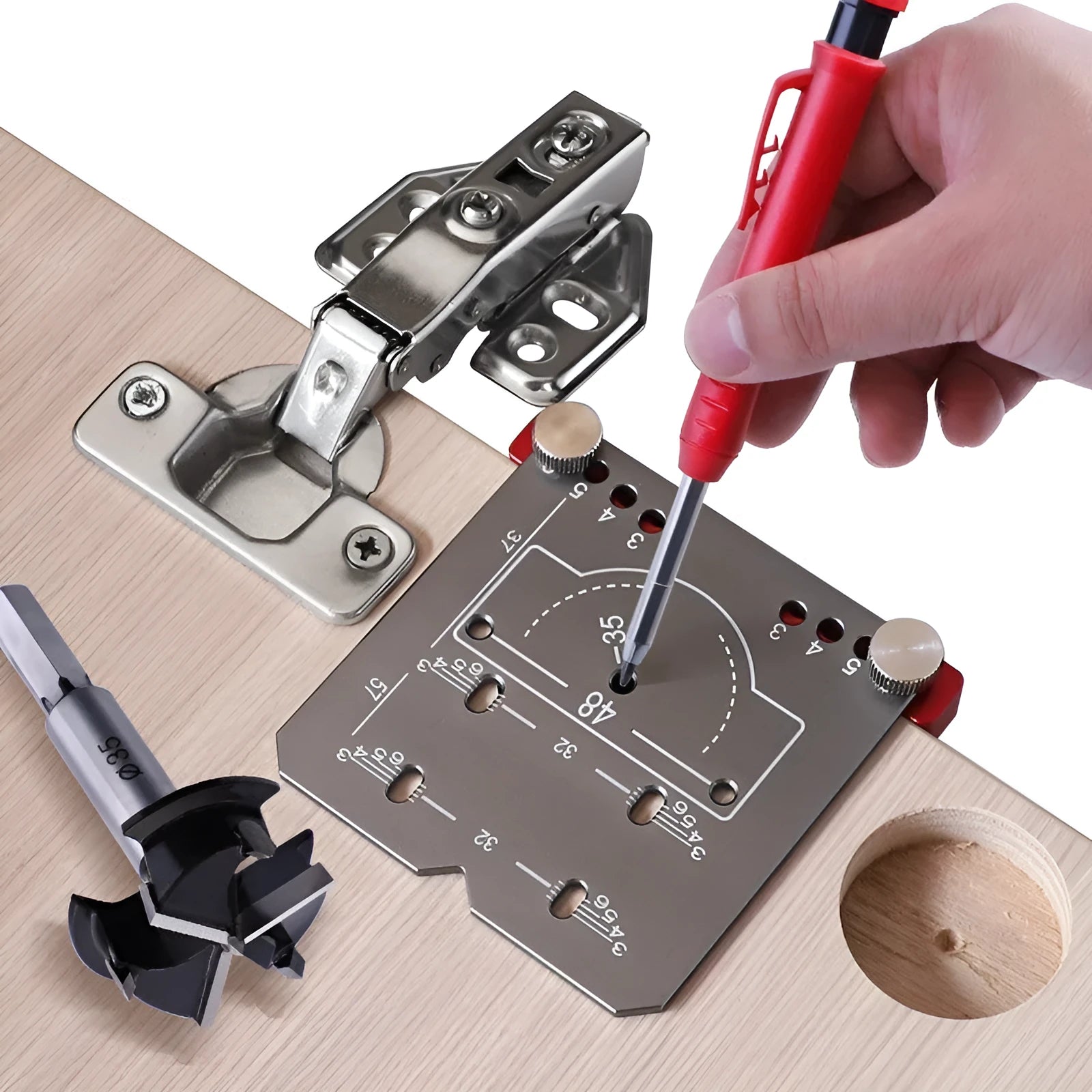 35mm hinge locator tool with adjustable margin settings and aluminium alloy construction