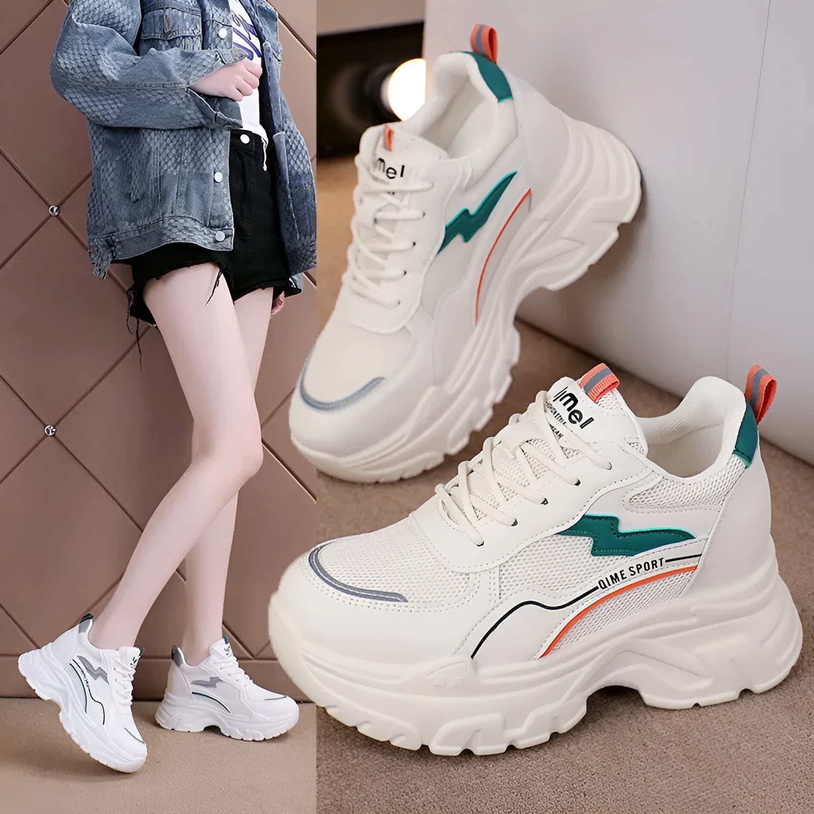 Women's white breathable mesh sports shoes with cross shoulder straps and built-in height increasing insoles.
