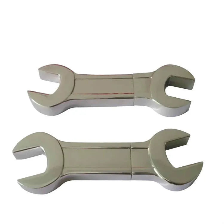 Metal wrench-shaped USB flash drive with double-headed plum blossom design in white colour