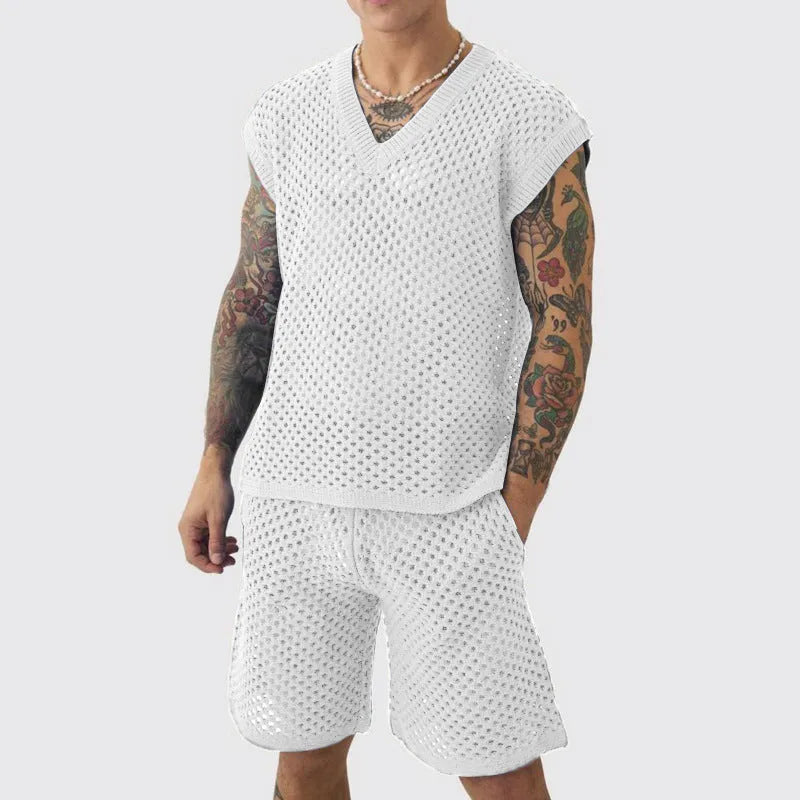 Men's blue knitted V-neck vest and shorts summer sports suit set