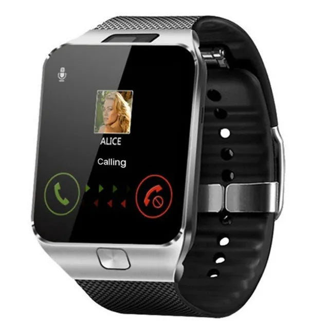Black Bluetooth smart watch with 1.44-inch touch screen on a wrist, showing time display.