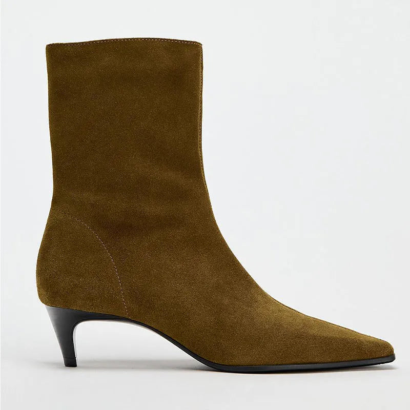 Brown women's square toe mid-calf boots with a side zip and a stiletto kitten heel on a waterproof platform sole.