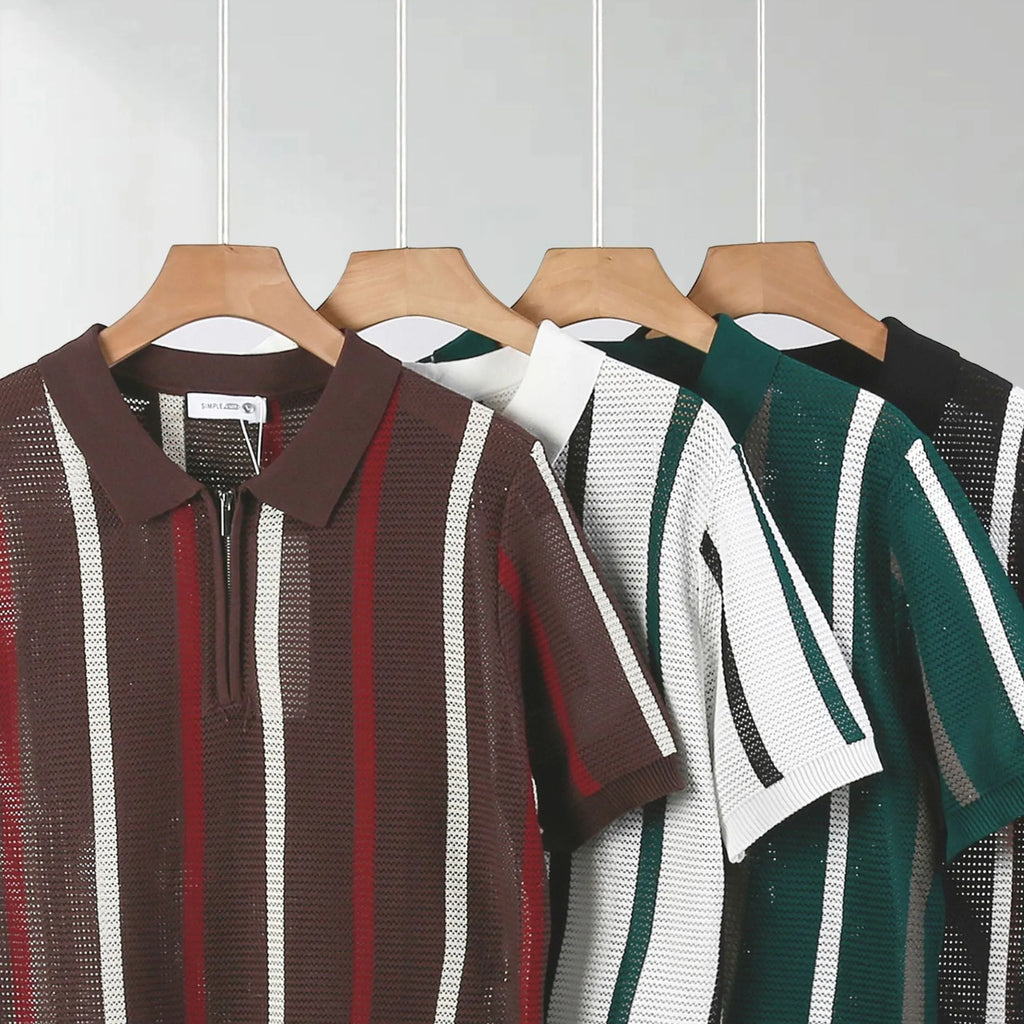 Men's black hollow mesh short-sleeved polo shirt with zipper decorations and loose knitting style