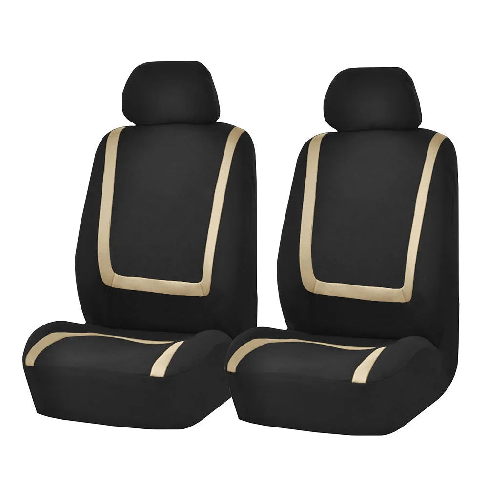 Universal car seat cover set showing fabric construction with headrest and seat protection