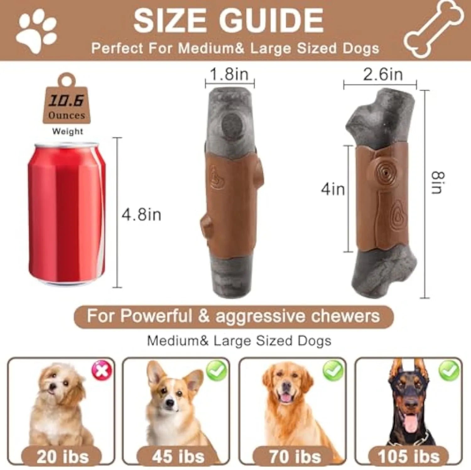 Large branch-shaped nylon dog chew toy with bacon flavour and a squeaker inside.