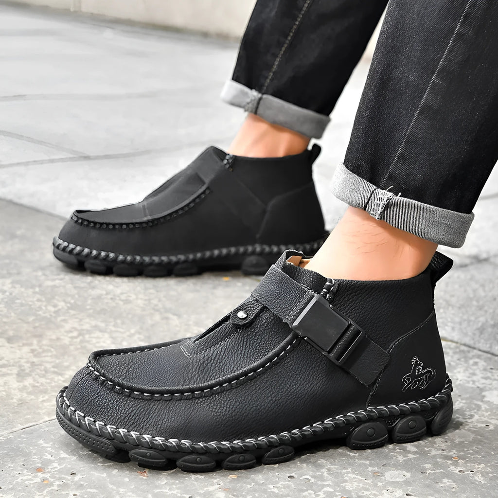 Handmade stitching casual flat bottom slip on shoes in synthetic leather available black green brown