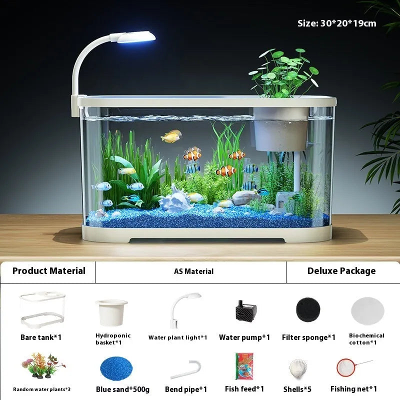 Desktop ecological landscape filter fish tank with integrated oxygenation system in luxury white colour