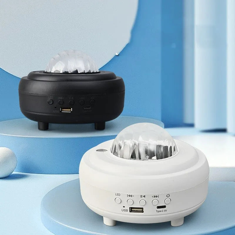 White Bluetooth galaxy star projector night light showing starry sky projection on ceiling