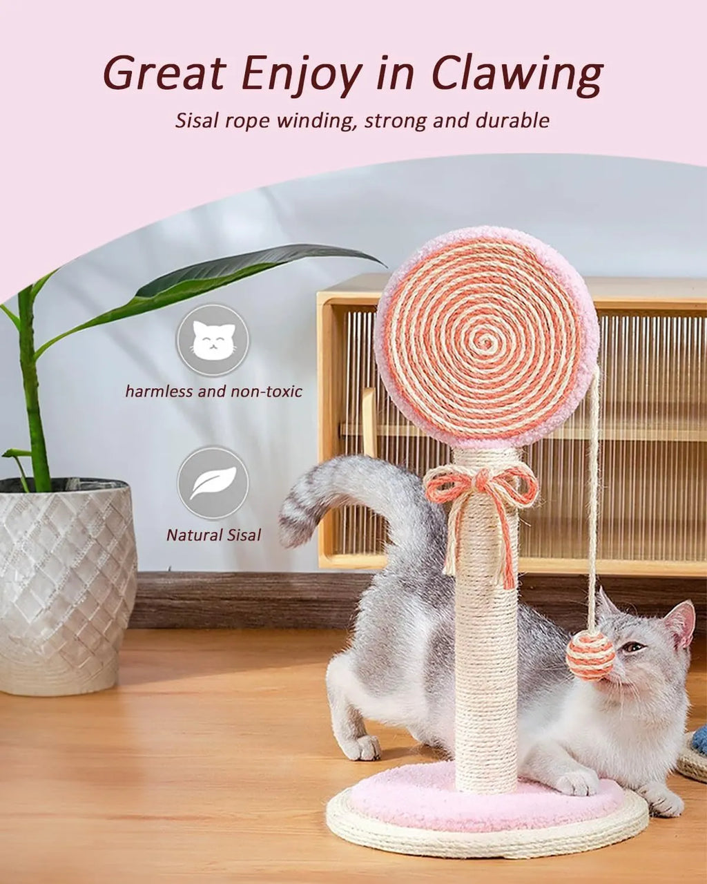 Blue cat scratching post with hanging ball on sturdy wooden base