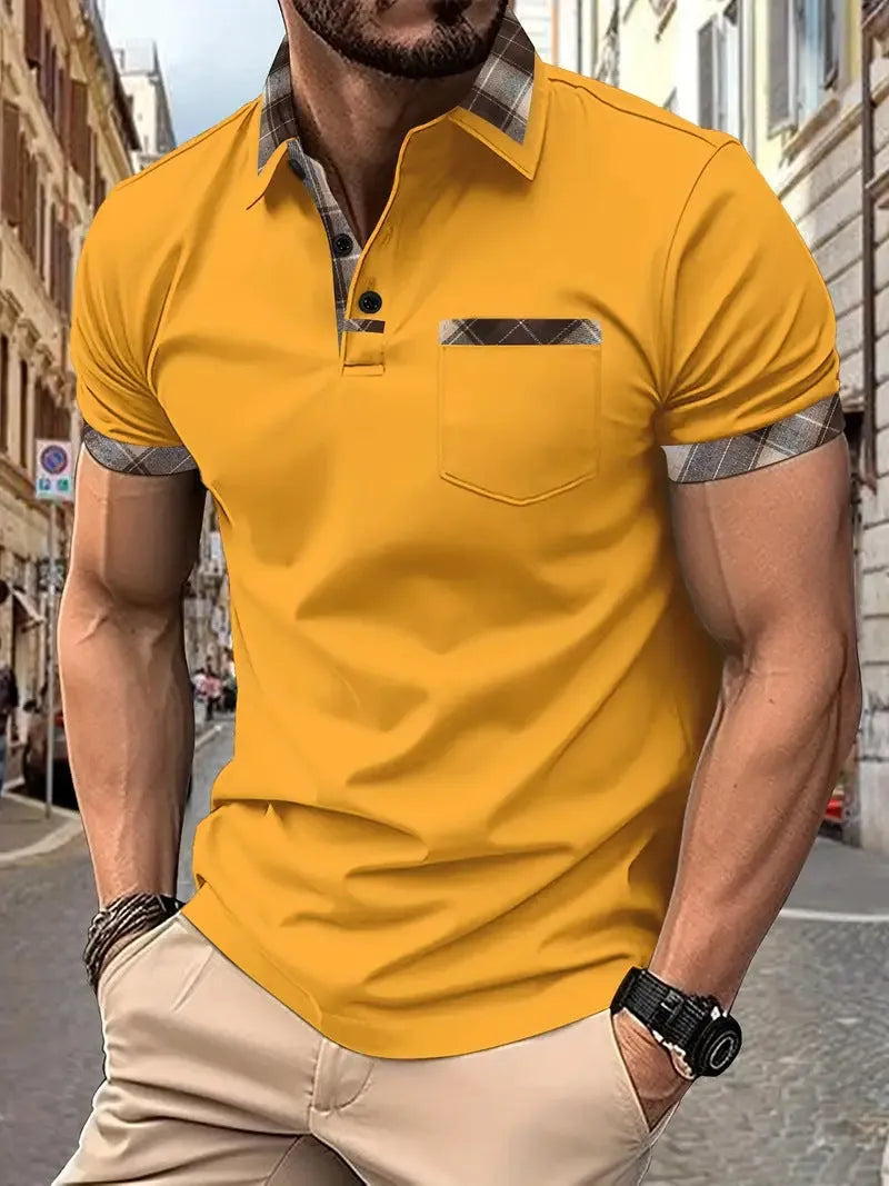Men's plaid colourblock t-shirt with short sleeves and zipper decoration details
