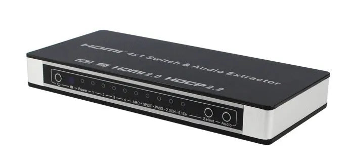 Black HDMI switch box with four input ports, one output port, remote control, and UK power adapter.