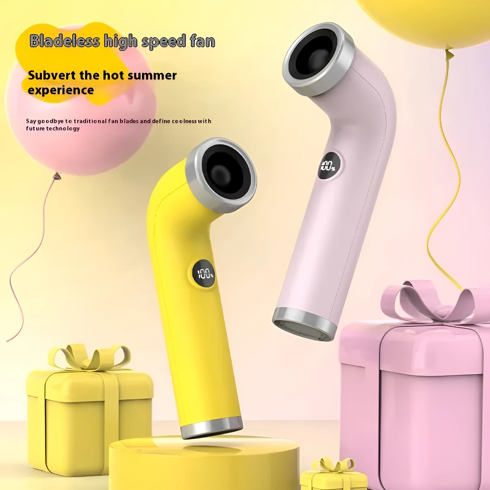 Bladeless personal cooling fan in apricot, pink, or yellow colour with lithium battery power