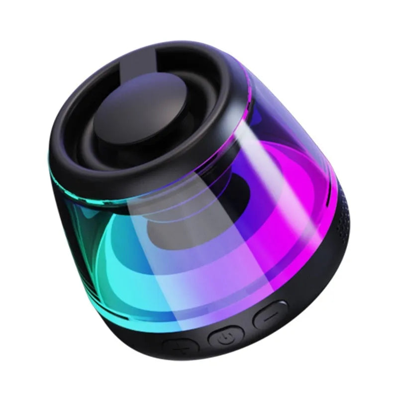 Compact portable Bluetooth speaker with ambient light ring and magnetic base in black or white