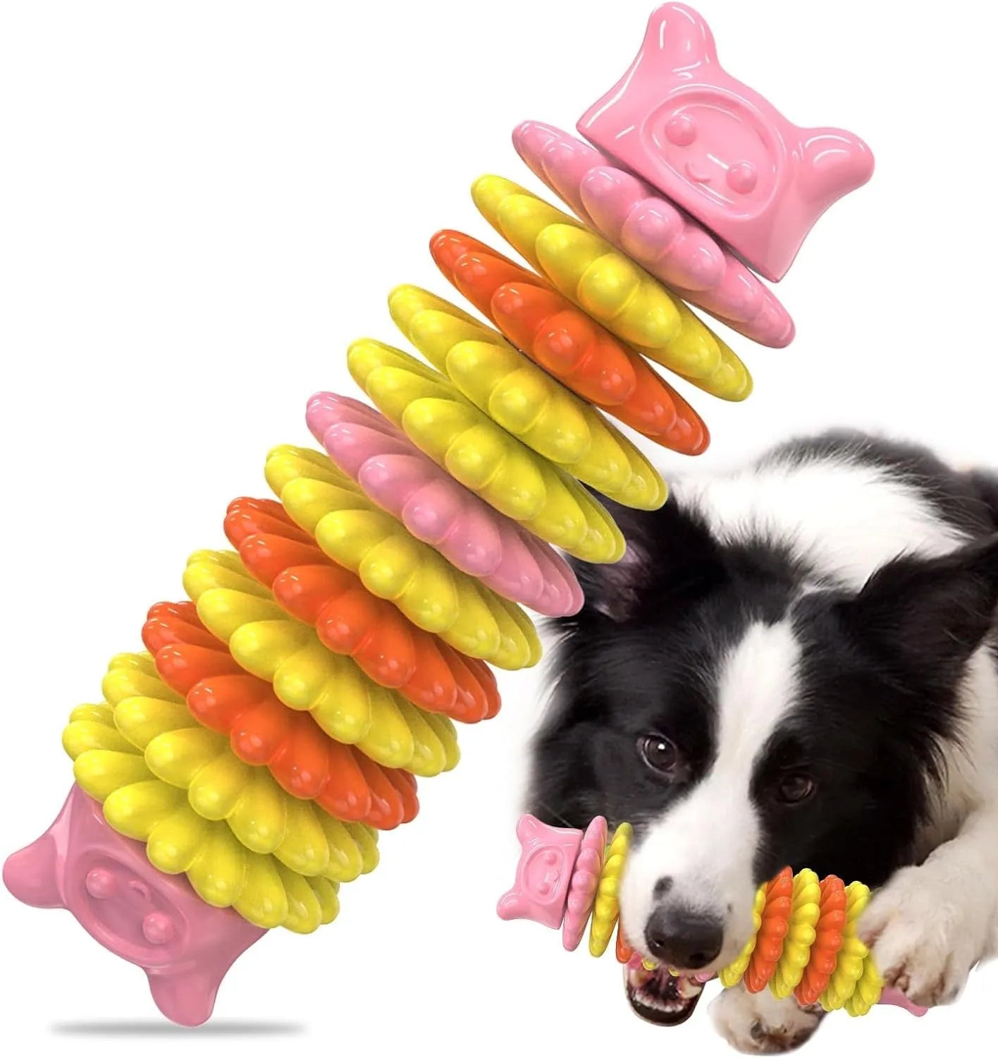 Blue green pink caterpillar-shaped natural rubber dog chew toy for aggressive chewers on a plain background.