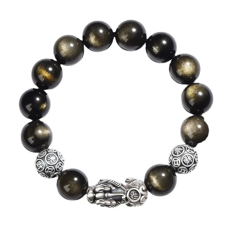 S999 silver natural obsidian bracelet for men, 12mm beads, polished geometric shape