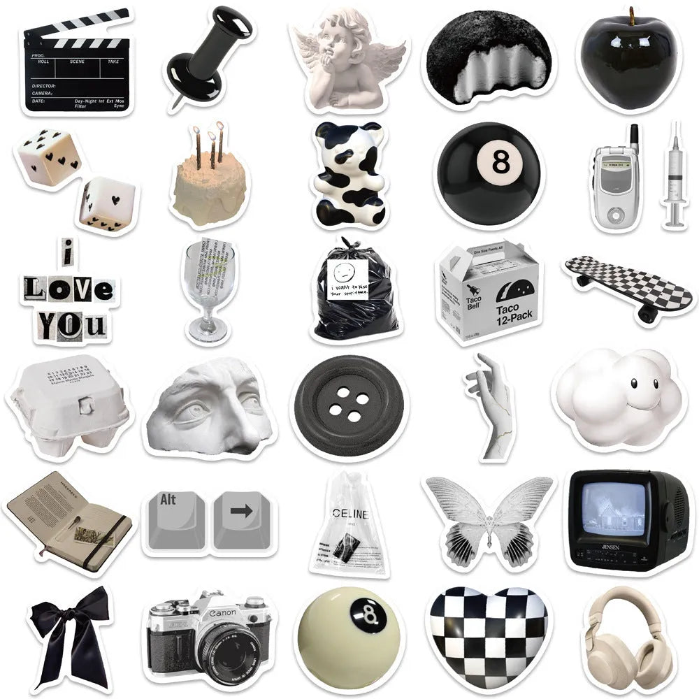 61-piece pack of black and white simple design PVC waterproof stickers for laptops and phones.