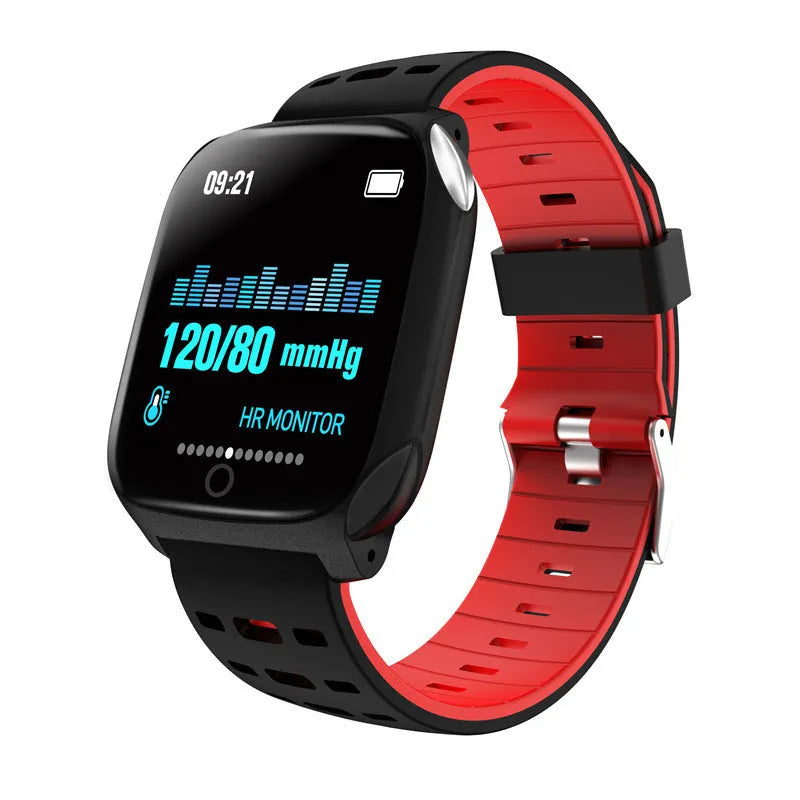 F16 smart watch with ECG, blood pressure, and heart rate monitoring on a silicone wristband.