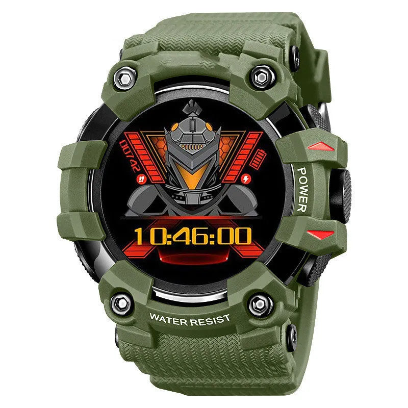 Blue smart watch with 56mm round touch screen display showing health metrics