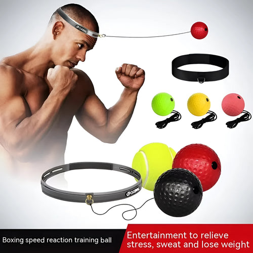 Boxing reaction ball set with multiple coloured balls and adjustable headbands for head-mounted training